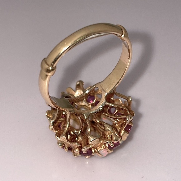 Solid Real 14K Yellow Gold Leaves Opal Ruby Bold Statement Ring Vintage Antique - Picture 15 of 17